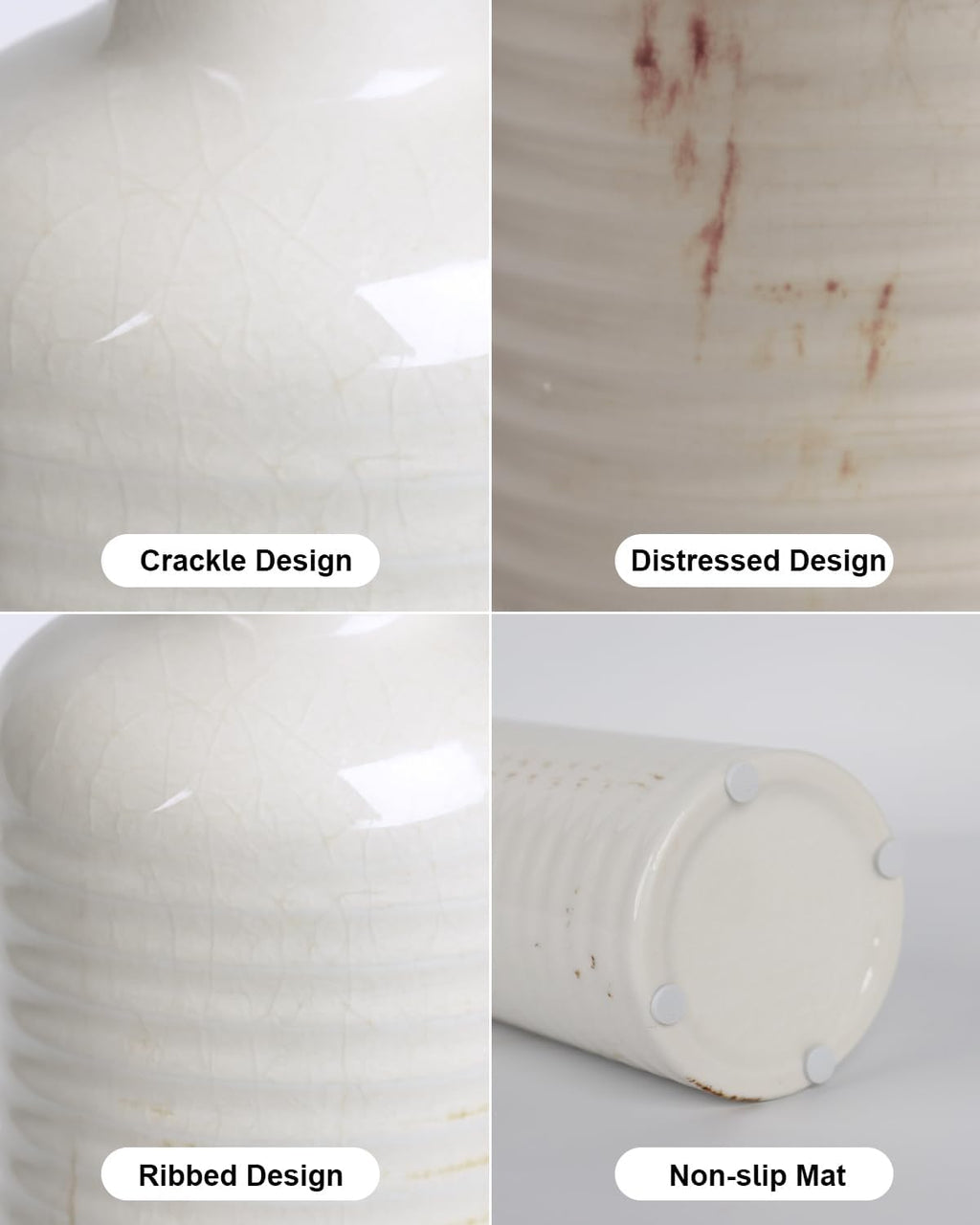 White Ceramic Vase Set of 3 – Ribbed Texture Crackle Glaze Bottle Vases for Rustic Farmhouse Table Centerpiece, Shelf & Mantel Decor