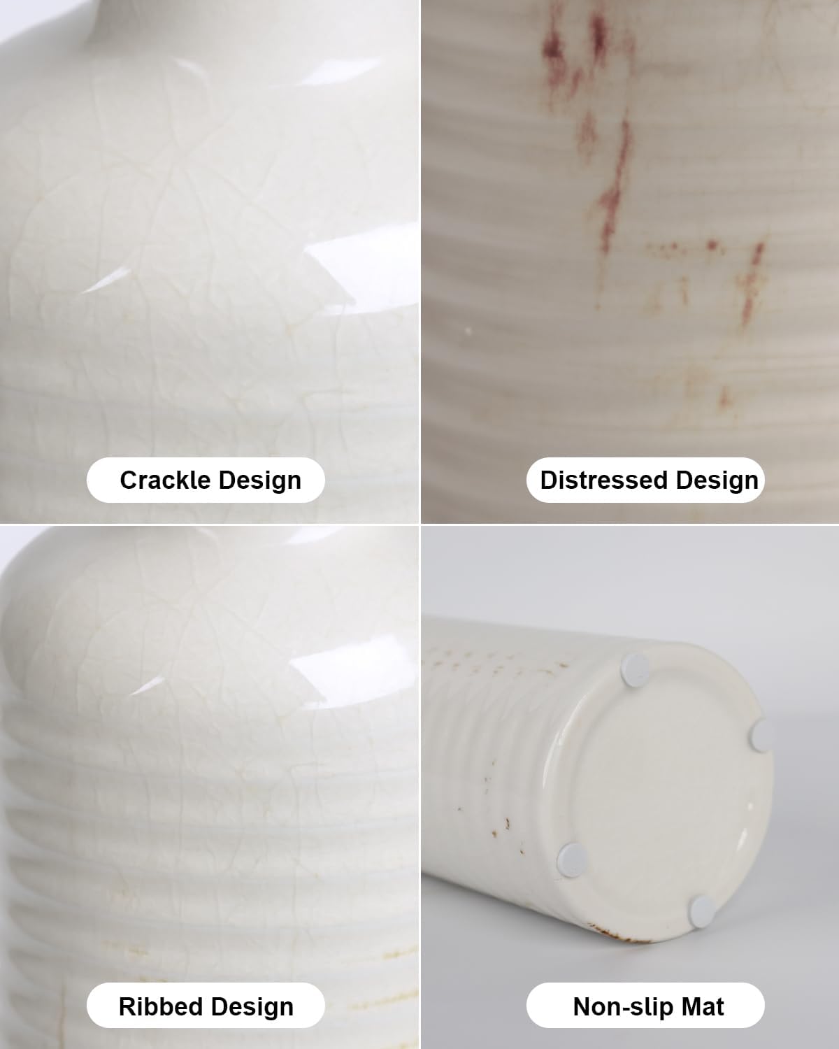 White Ceramic Vase Set of 3 – Ribbed Texture Crackle Glaze Bottle Vases for Rustic Farmhouse Table Centerpiece, Shelf & Mantel Decor