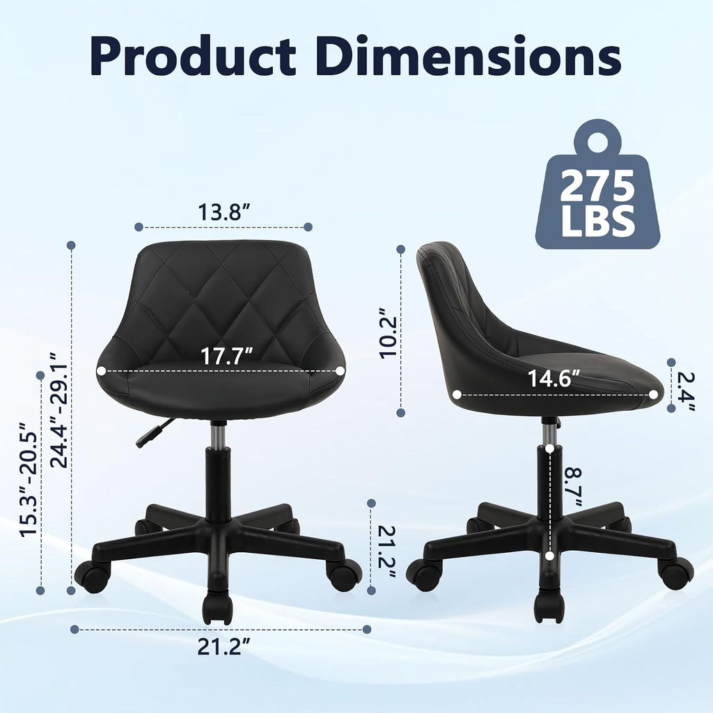 KLASIKA Black Low Back Rolling Stool PU Leather Vanity Stools, Adjustable Height Ergonomic Swivel Rolling Desk Stool Work Office Swivel Chair, Makeup Salon Spa Stools