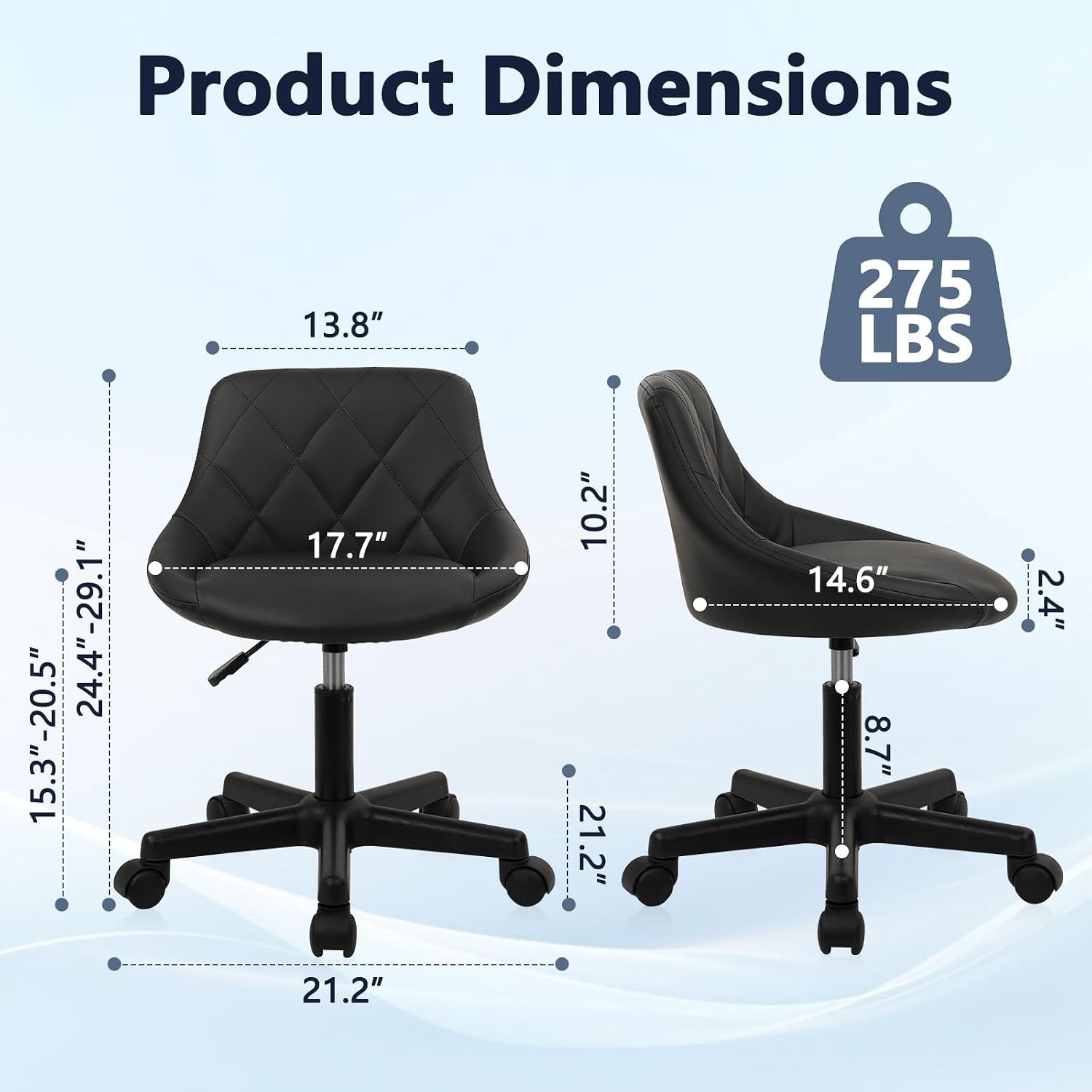 KLASIKA Black Low Back Rolling Stool PU Leather Vanity Stools, Adjustable Height Ergonomic Swivel Rolling Desk Stool Work Office Swivel Chair, Makeup Salon Spa Stools