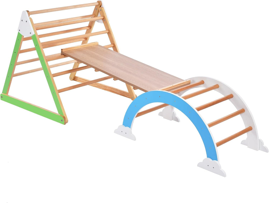 Wooden Climbing Triangle Toys Indoor Arc Climber Jungle with Ramp and Arch Toy Rocker, Reversible Multifunction Playset Natural Wood Playground BD269