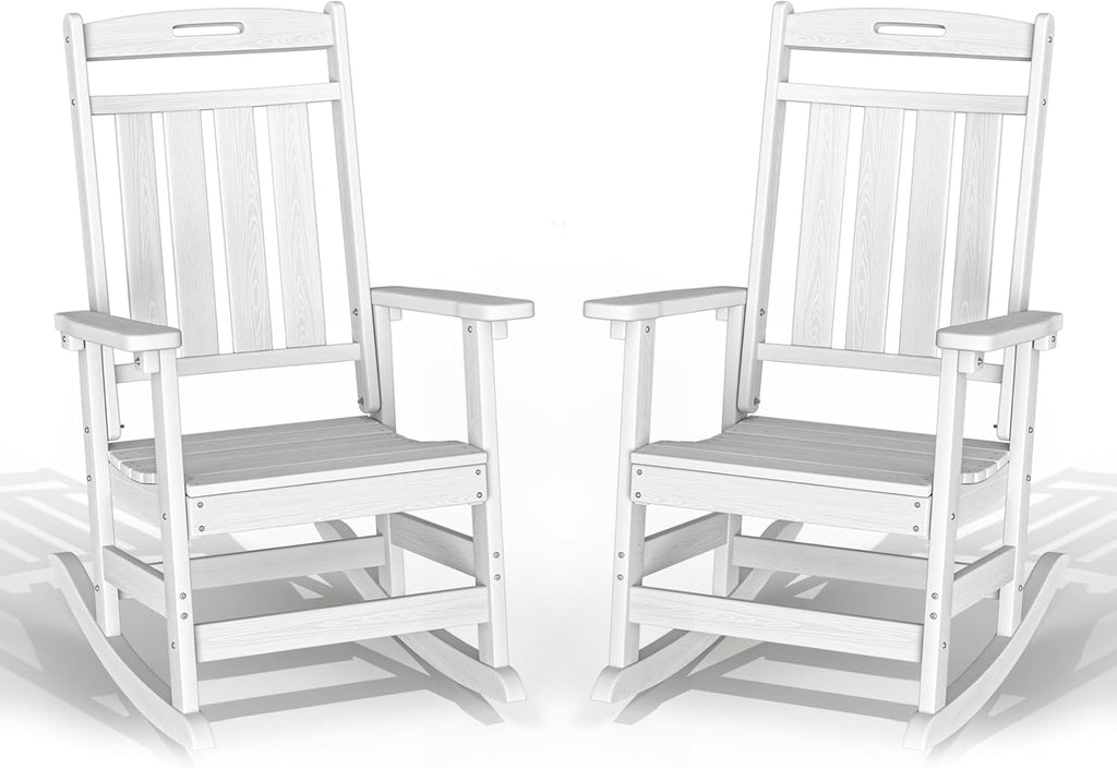 Plawdlik Oversized Outdoor Rocking Chairs 2 Pack - All-Weather HDPE Heavy Duty Patio Rockers with High Back - Modern Style for Porch, Garden - White