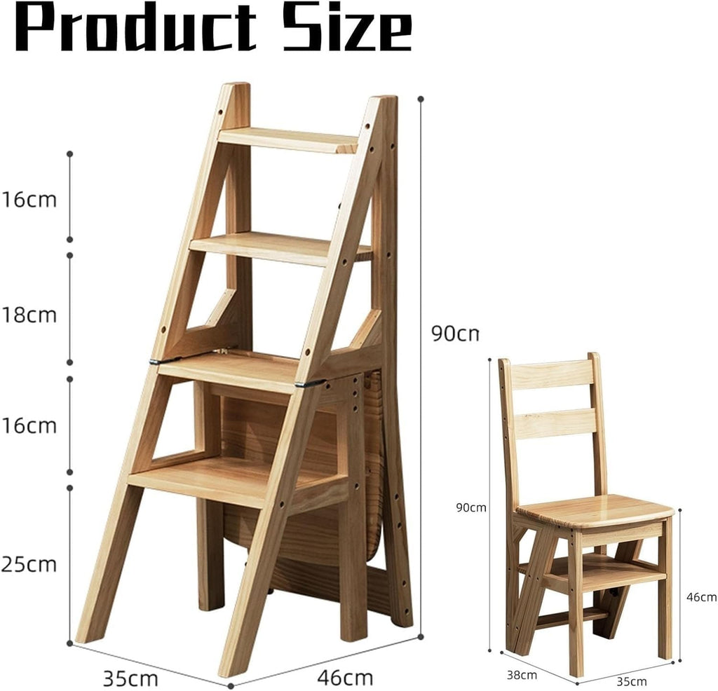 Wooden 3in1 Folding Step Stool Chair with Display Shelf Convertible Ladder for Home Library(B)