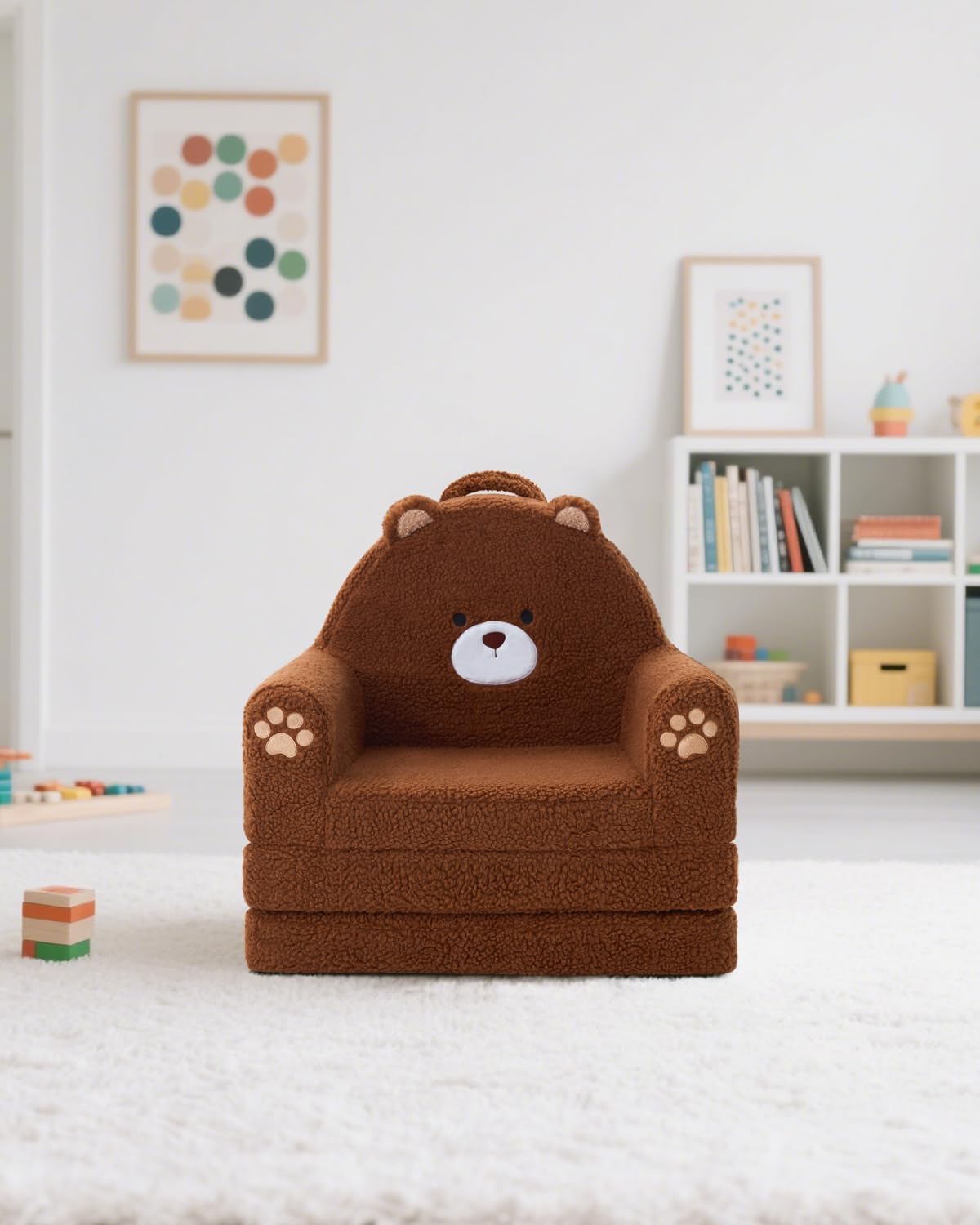 MOONBEEKI 2-in-1 Foldable Toddler Couch, Soft Sherpa Fabric with Washable Cover, Convertible Sofa to Lounger, Kids Sofa for Playroom, Bedroom, Living Room, Birthday Gift, Bear, Medium
