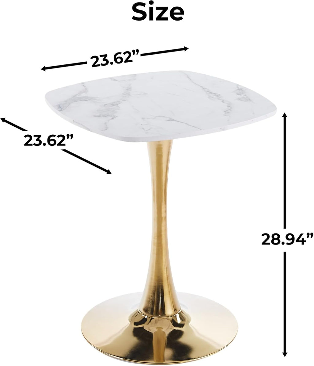 24 Inch Square White Marble-Look Tulip Dining Table for 2–4 with Gold Metal Base – Space Saving Small Apartment Kitchen Table, Pedestal Bistro Table for Breakfast Nook, Cafe, Studio Living (No Chairs)