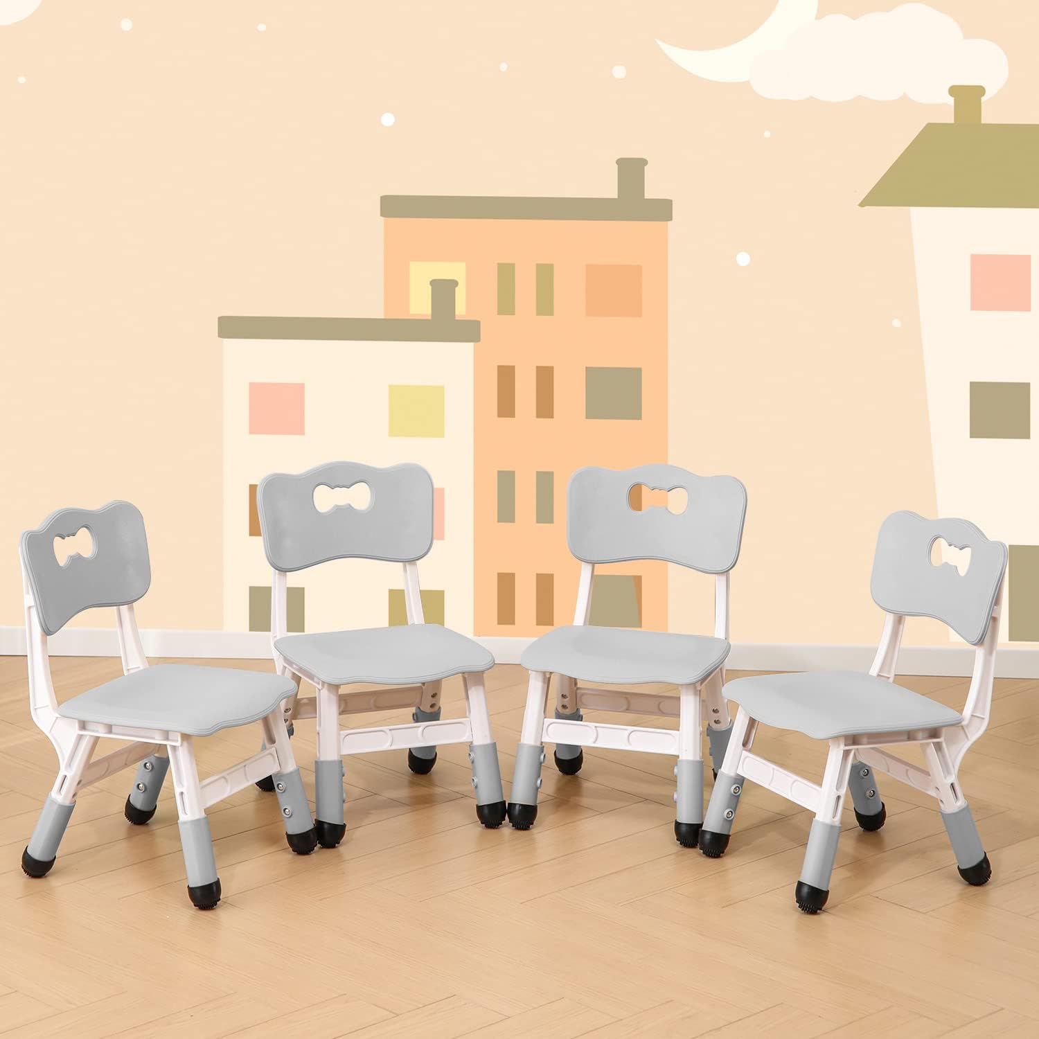WHY TOYS 4 Piece Kids Chair Set 3 Levels Adjustable Stackable Kids Chairs Ideal for Playrooms, Schools, Daycares and Homes Washable and Easy to Clean Max Weight 220LB(Grey 4Piece Set)