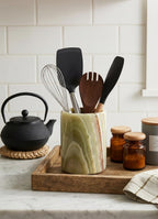 Marble Utensil Holder 6.5 Inch Green Wooden Cooking Utensils Set & Spatula Organizer for Kitchen Counter, Stone Utensil Crock & Caddy for Spoon Holder & Farmhouse Decor