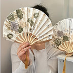2Pcs Women's Vintage Floral Folding Fan, 11.02in Long, 9.05in Diameter, Handcrafted Chinese Style Fan With Tassel, Portable Decorative Fan,（Beige）