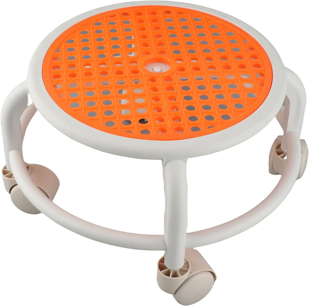 Comfortable Low Stool with Wheels with High Load Capacity for Home, Ergonomic Breathable Swivel Seat for Adults, Plastic Material (Orange)