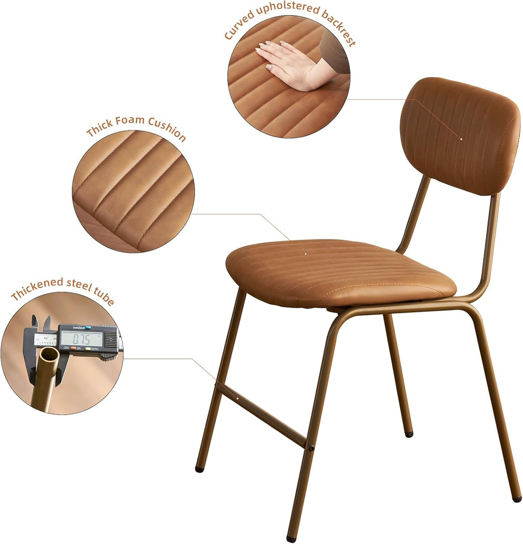 Mid Century Modern Dining Chairs Set of 2, Retro Chair with Faux Leather Upholstered Seat/Backrests & Vintage Distressing Metal Legs & Leg Protectors for Kitchen Dining Room (Brown,Assemble)