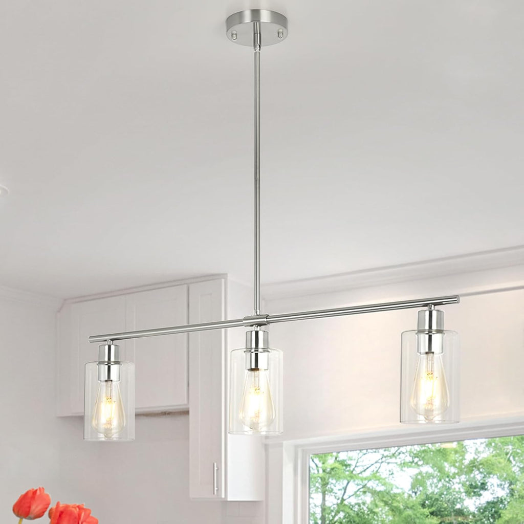 3 Lights Kitchen Island Lighting Brushed Nickel Pendant Light Fixtures with Glass Shade 31" Dining Room Chandeliers Adjustable Height Modern Linear Ceiling Hanging Light for Living Room, Foyer