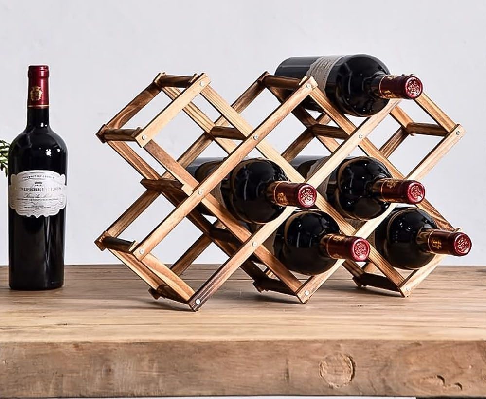 Foldable Wooden Wine Rack, 10-Bottle Expandable Countertop Wine Holder with 8 Individual Slots and Top Storage, Carbonized Pine, No Assembly Required