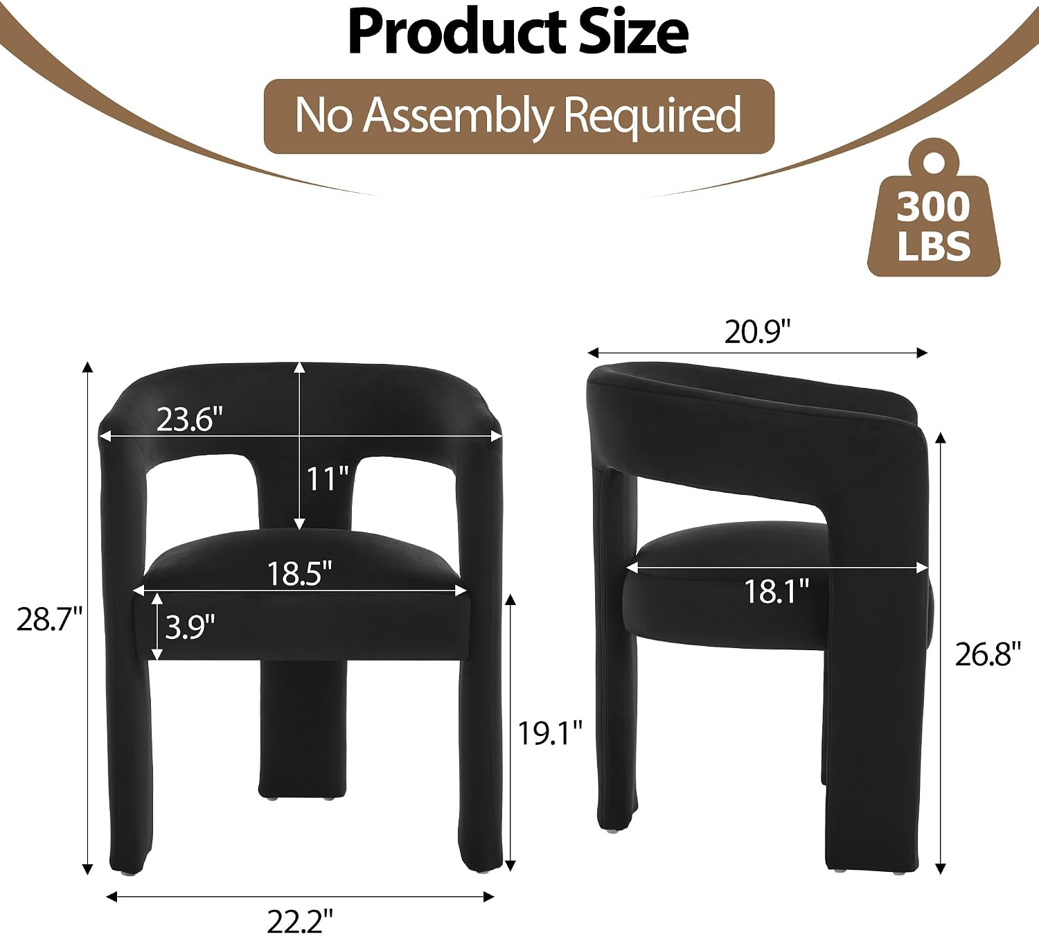 Modern Barrel Dining Chairs Set of 6, No Assembly Velvet Upholstered Dining Room Chairs with Open Back and 3 Legs, Comfy Accent Armchairs for Living Room/Bedroom/Kitchen/Reading, Black