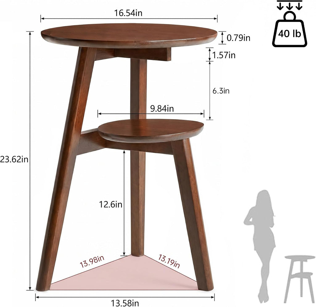 Side Table, 2-Tier Round Solid Wood End Table, Mid Century Modern Couch Side Table/Nightstand, Oak Accent Table for Small Space, Bedrooms, Living Room(Walnut)
