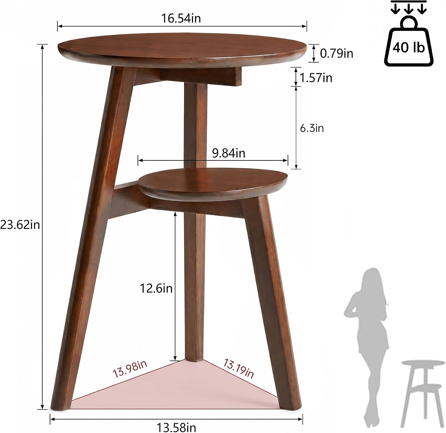 Side Table, 2-Tier Round Solid Wood End Table, Mid Century Modern Couch Side Table/Nightstand, Oak Accent Table for Small Space, Bedrooms, Living Room(Walnut)