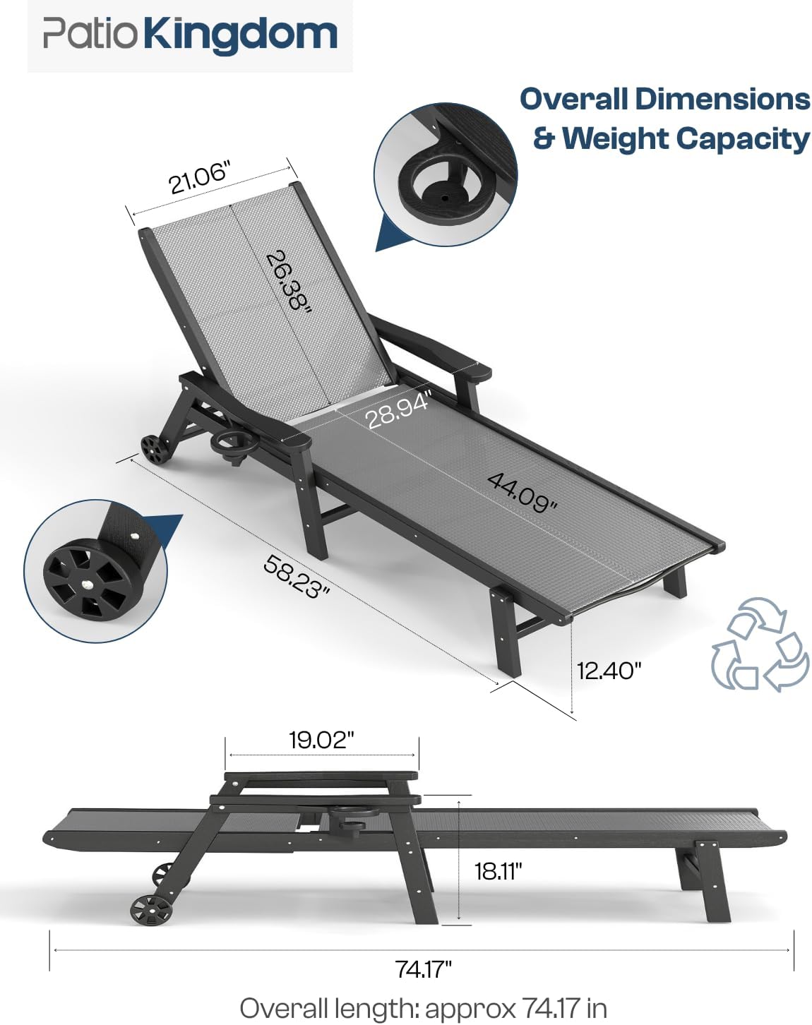HDPE 5 Positions Chaise Lounge Outdoor Set of 2 with Wheels, Grey Textilene Fabric Pool Lounge Chairs for Patio, Deck, Beach (Grey Frame)