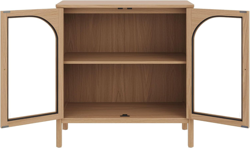 Nathan James Mason Modern Farmhouse TV Stand, Free Standing Accent Sideboard Buffet, Cabinet with Glass Doors and Adjustable Shelf, Clear Glass/Raw Oak Set of 2