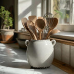 JIEMEI HOME Kitchen Utensil Holder with Handle, 6.69" Ceramic Farmhouse Stable Utensil Crock for Countertop, Cooking Tool Organizer with Cork Bottom, Spatula Holder For Kitchen Decor, White
