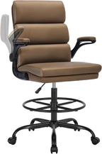 Drafting Chair Tall Office Chair with Padded Flip-up Armrests Executive Ergonomic Computer Standing Desk Chair with Comfortable Leather Backrest and Adjustable Footrest Ring (Tan)