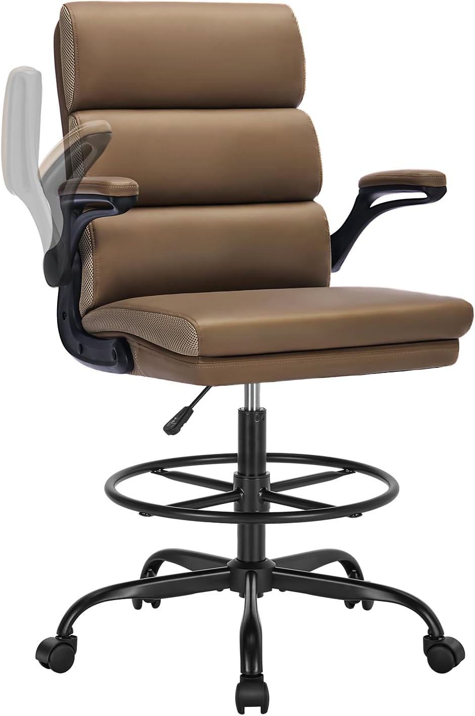 Drafting Chair Tall Office Chair with Padded Flip-up Armrests Executive Ergonomic Computer Standing Desk Chair with Comfortable Leather Backrest and Adjustable Footrest Ring (Tan)