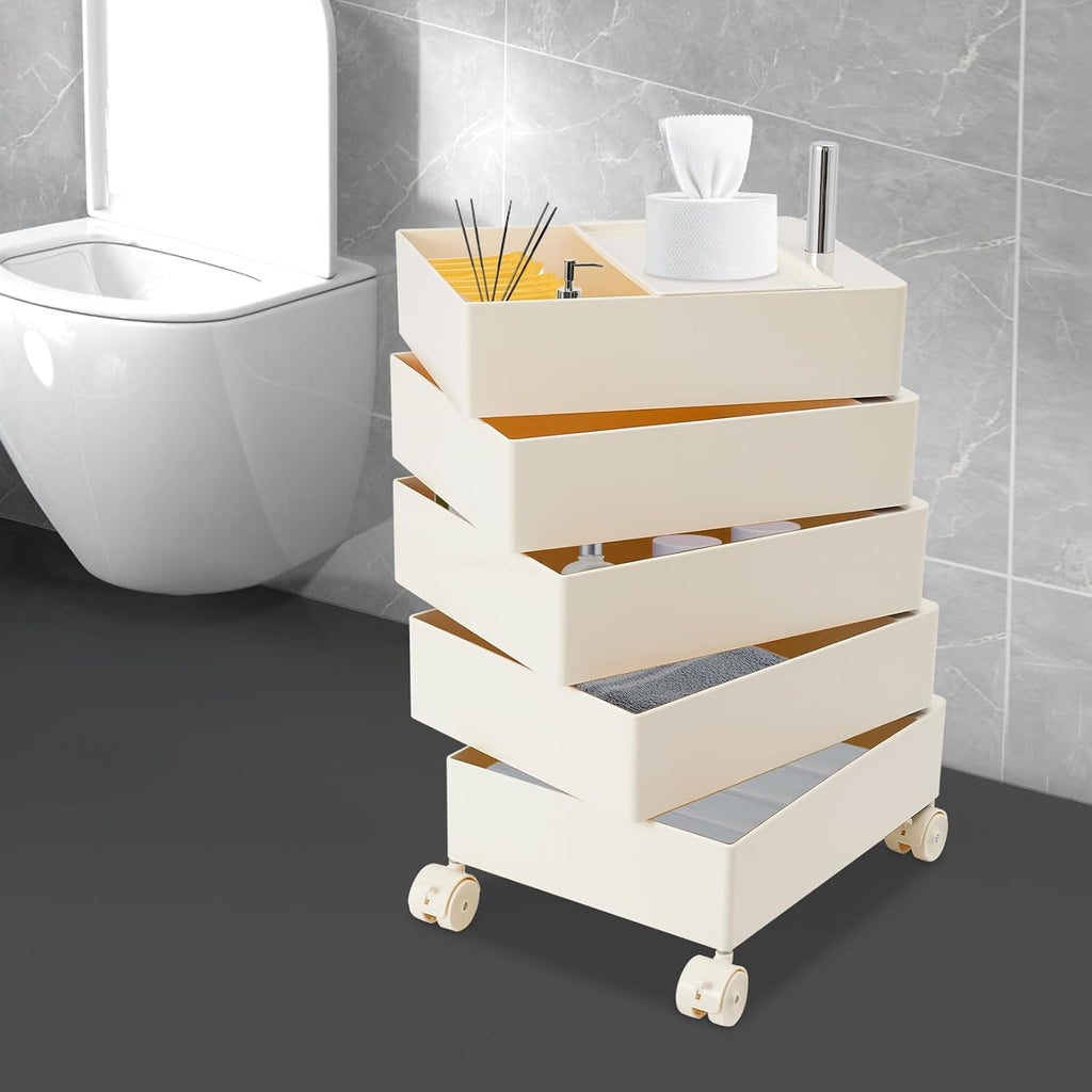 360° Rotating Side Table with 5 Drawers, Movable Storage End Table Sofa Side Cabinet with 4 Universal Casters With Brakes, Rotating Storage Rack 16.3*12.4*24in for Living Room, Bedroom, Office (White)