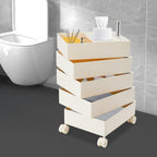 360° Rotating Side Table with 5 Drawers, Movable Storage End Table Sofa Side Cabinet with 4 Universal Casters With Brakes, Rotating Storage Rack 16.3*12.4*24in for Living Room, Bedroom, Office (White)