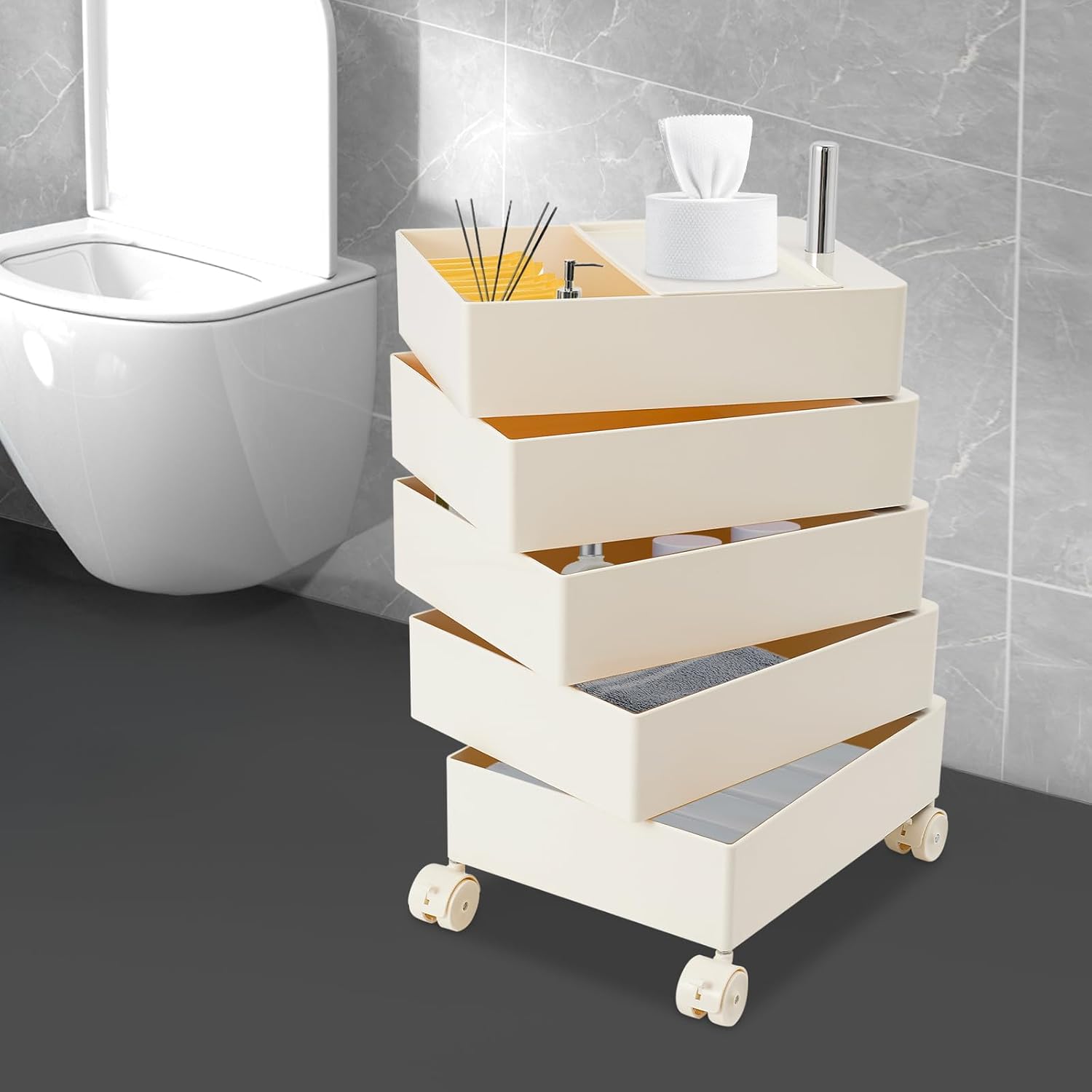 360° Rotating Side Table with 5 Drawers, Movable Storage End Table Sofa Side Cabinet with 4 Universal Casters With Brakes, Rotating Storage Rack 16.3*12.4*24in for Living Room, Bedroom, Office (White)
