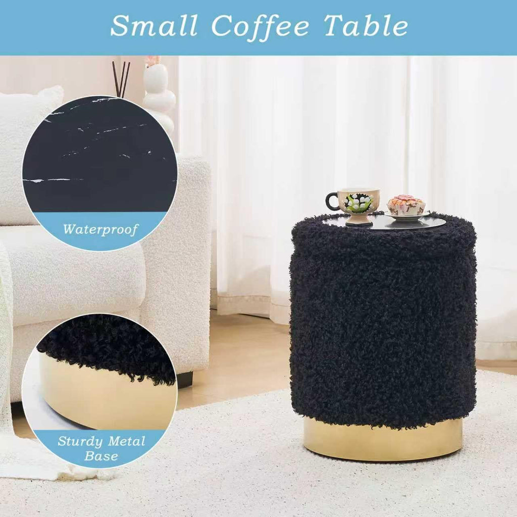 Velvet Storage Ottoman Multipurpose Footrest Stool with Metal Base Modern Round Vanity Stool Chair Ottoman Foot Stools Support 300 lbs Padded Seat for Living Room (Black-Long Wool)