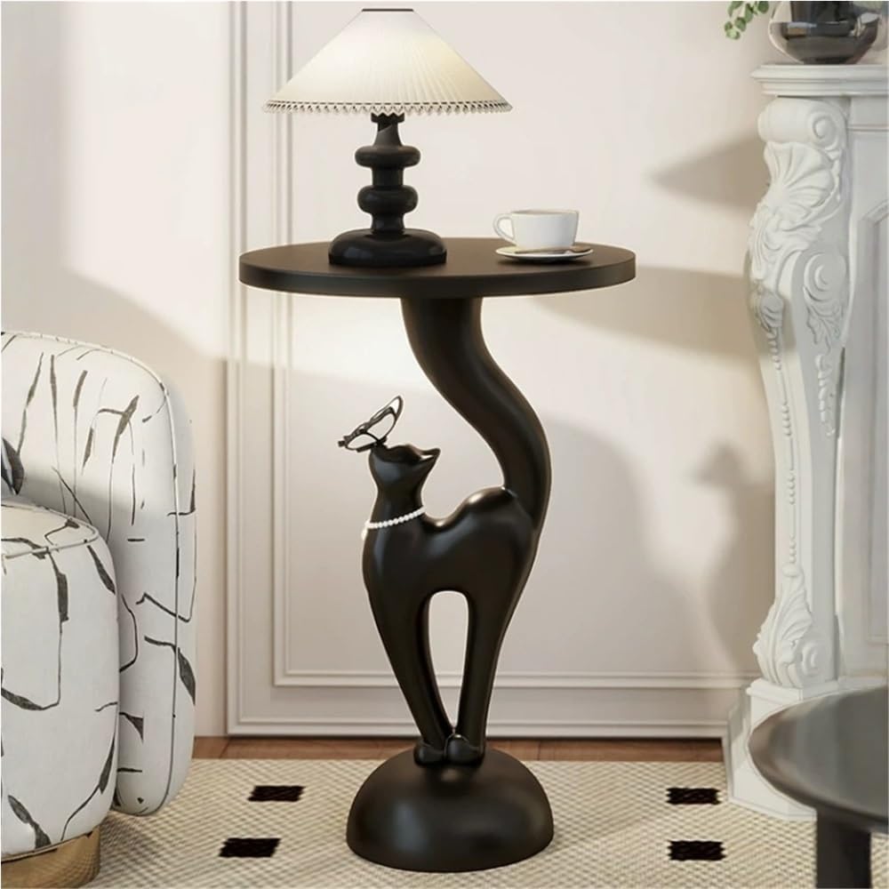 Elegant Resin Cat Sculpture Side Table with Tray, Modern Creative Bedside Table, Art Accent Tables for Living Room Bedroom Apartment Office Small Spaces Funky Furniture for Home Decor(Black,Large)