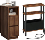 CHOEZON Narrow Nightstand and Narrow Skinny Side Table with Charging Station Bundle, Small Bedside Table with Drawers, Slim Nightstand for Small Spaces for Living Room, Bedroom, TBZ07UBF-MBZ12HT