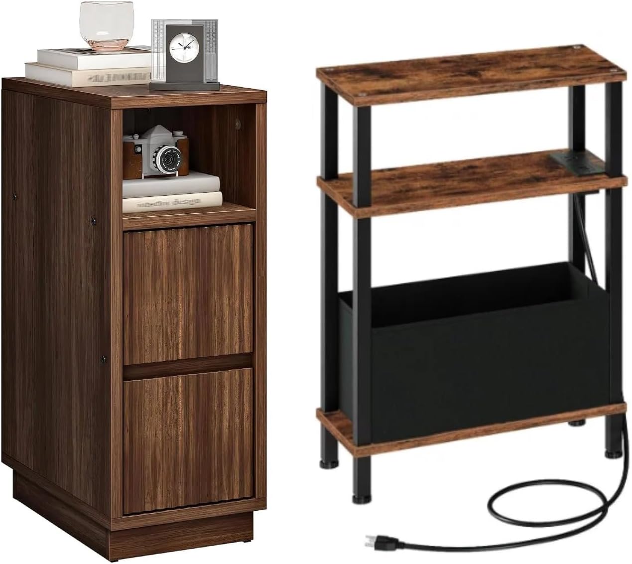 CHOEZON Narrow Nightstand and Narrow Skinny Side Table with Charging Station Bundle, Small Bedside Table with Drawers, Slim Nightstand for Small Spaces for Living Room, Bedroom, TBZ07UBF-MBZ12HT