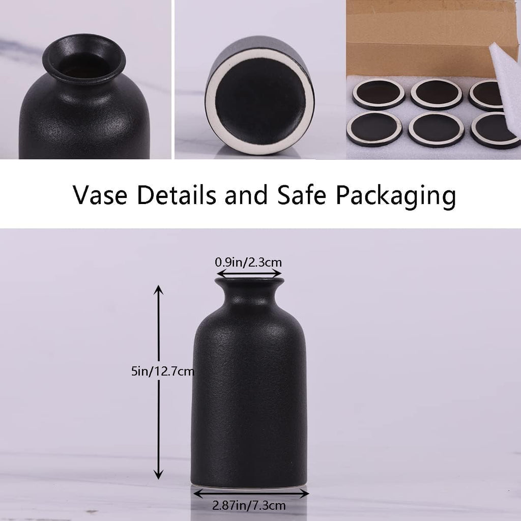 6 Pack Matte Black Ceramic Bud Vases – 5” Modern Boho Mini Vases for Flowers, Pampas Grass, or Dried Stems – Small Rustic Centerpieces for Home Decor, Wedding Table, and Party Displays