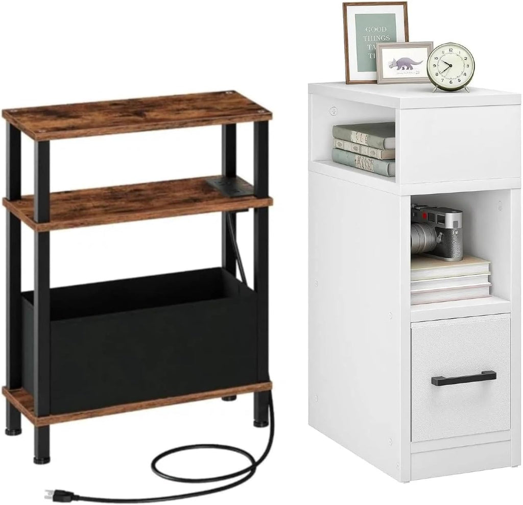 CHOEZON Small Narrow Side Table and Nightstand with Drawer Bundle, Skinny End Table, Skinny Bedside Table for Small Spaces for Bedroom, Living Room TBZ07UBF-MBZ11WB