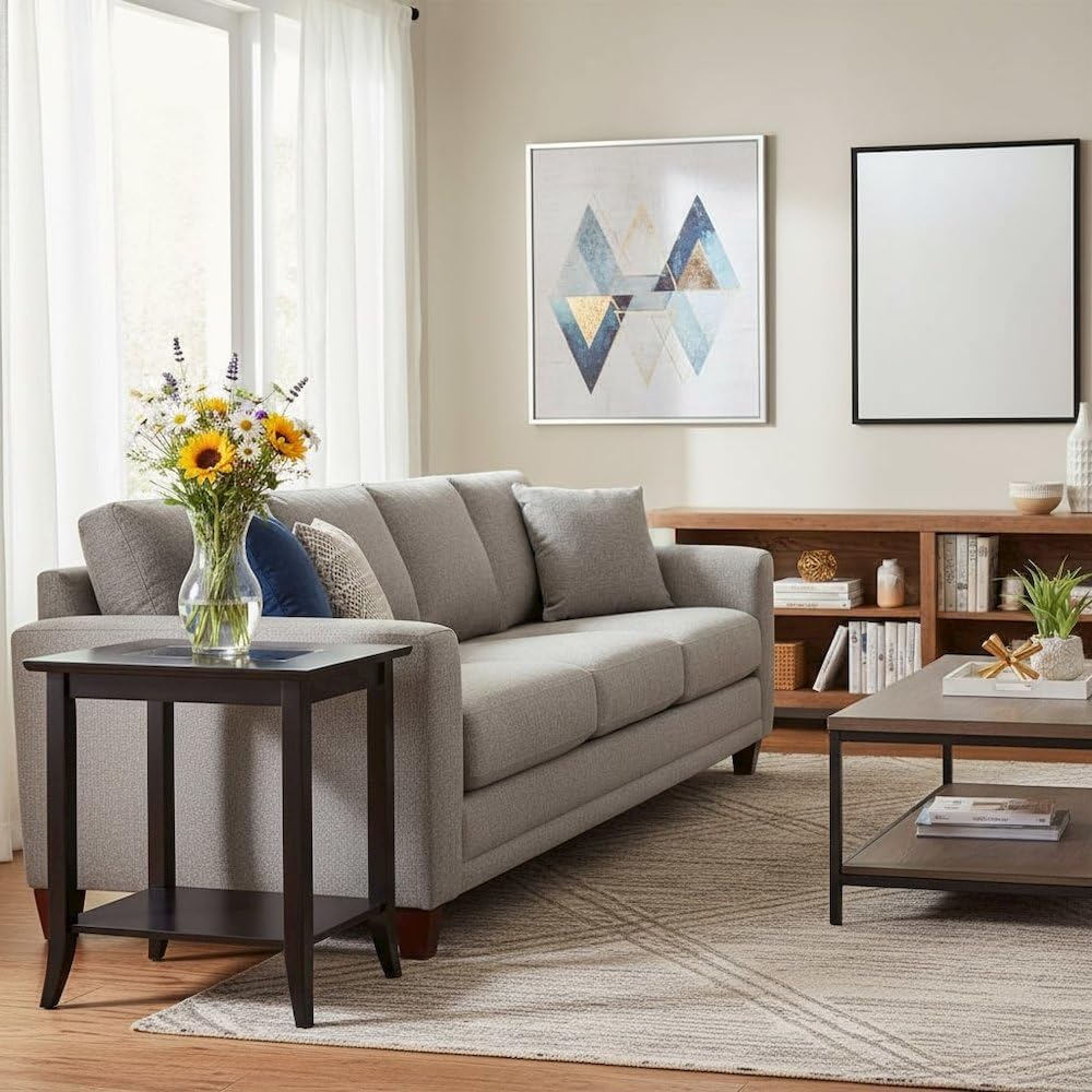 Furnifact Rectangular End Table, Glass Top, Lower Shelf, Flared Legs, Solid Wood Frame, Espresso Finish, Brown
