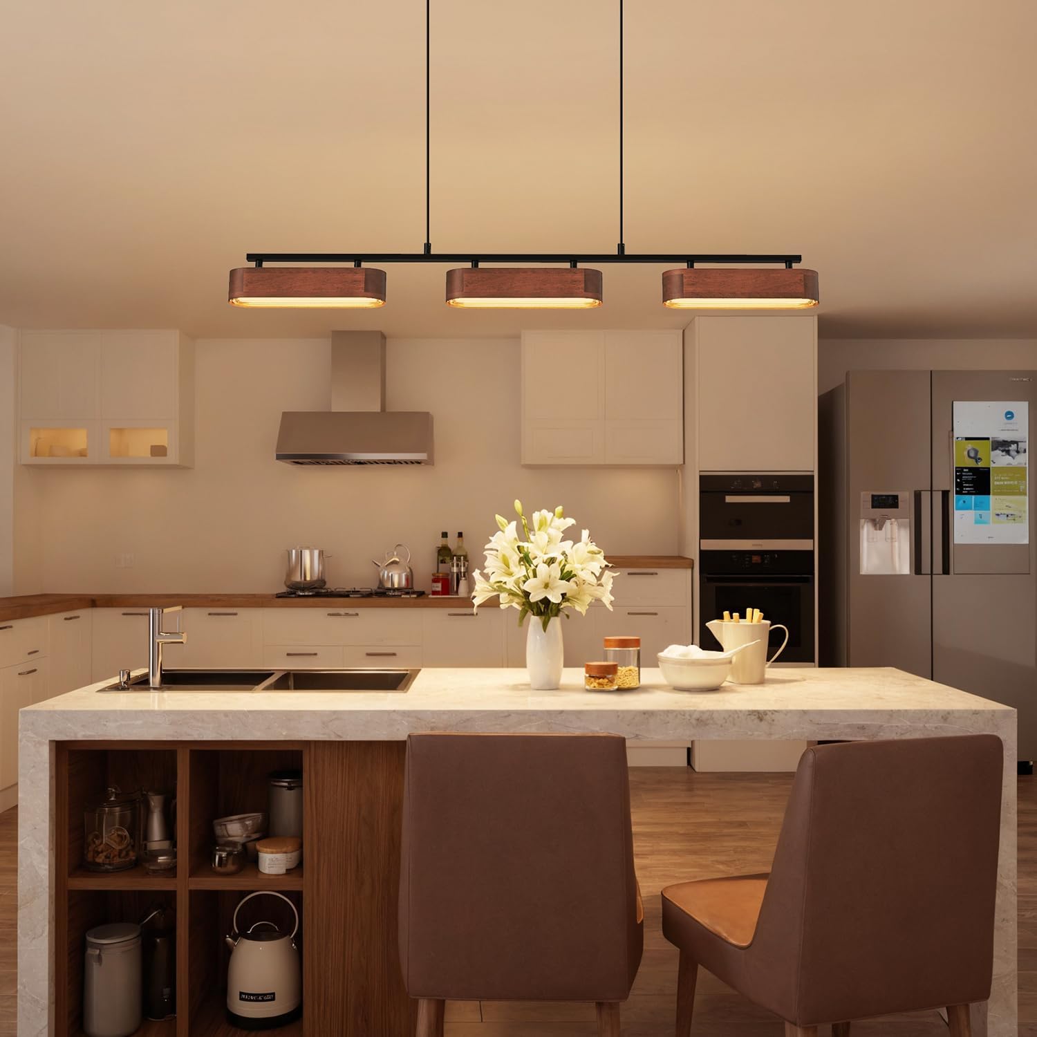 37.6" Kitchen Island Lights, 28W Wood Dining Room Light Fixtures Over Table, Dimmable Linear Pendant Lights for Kitchen Island, 3-Light Rustic Hanging Farmhouse Chandeliers, Walnut Color