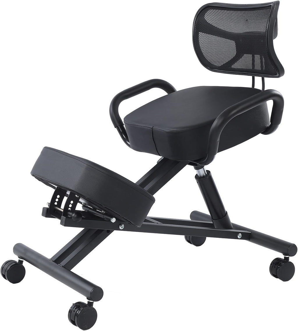 Ergonomic Height Adjustable Breathable Kneeling Chair Back Support Kneeling Chair with Leather Cushion Comfortable Mesh Backrest, Spine Alignment Support