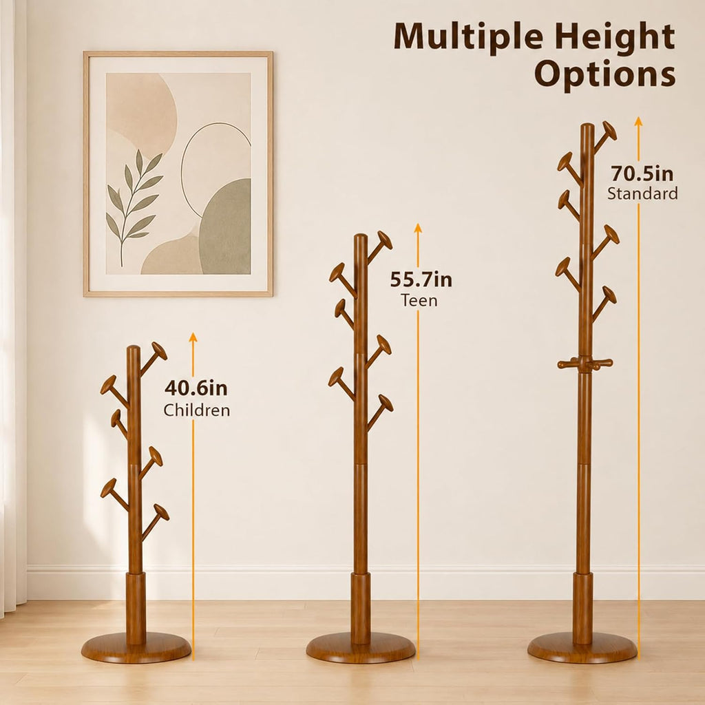 Taitiy Solid Wood Coat Rack Freestanding Coat Tree with 10 Hooks for Bedroom, Livingroom, Entryway, Sturdy Coat Hanger Stand for Hats, Coats, Scarves, Handbags, Purses