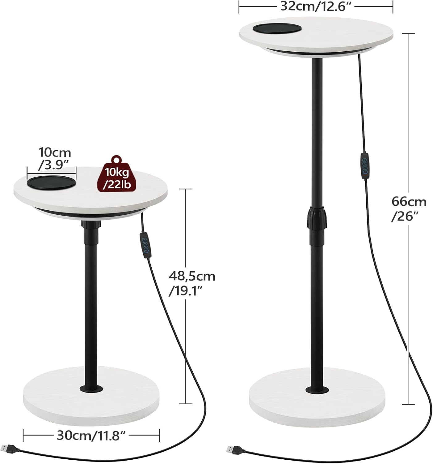 MAHANCRIS Small Round Side Table, Adjustable Height Drink Table, Pedestal Side Table with LED Light and Cup Mat, Coffee Martini Table, for Small Spaces, White and Black ETHW32E01