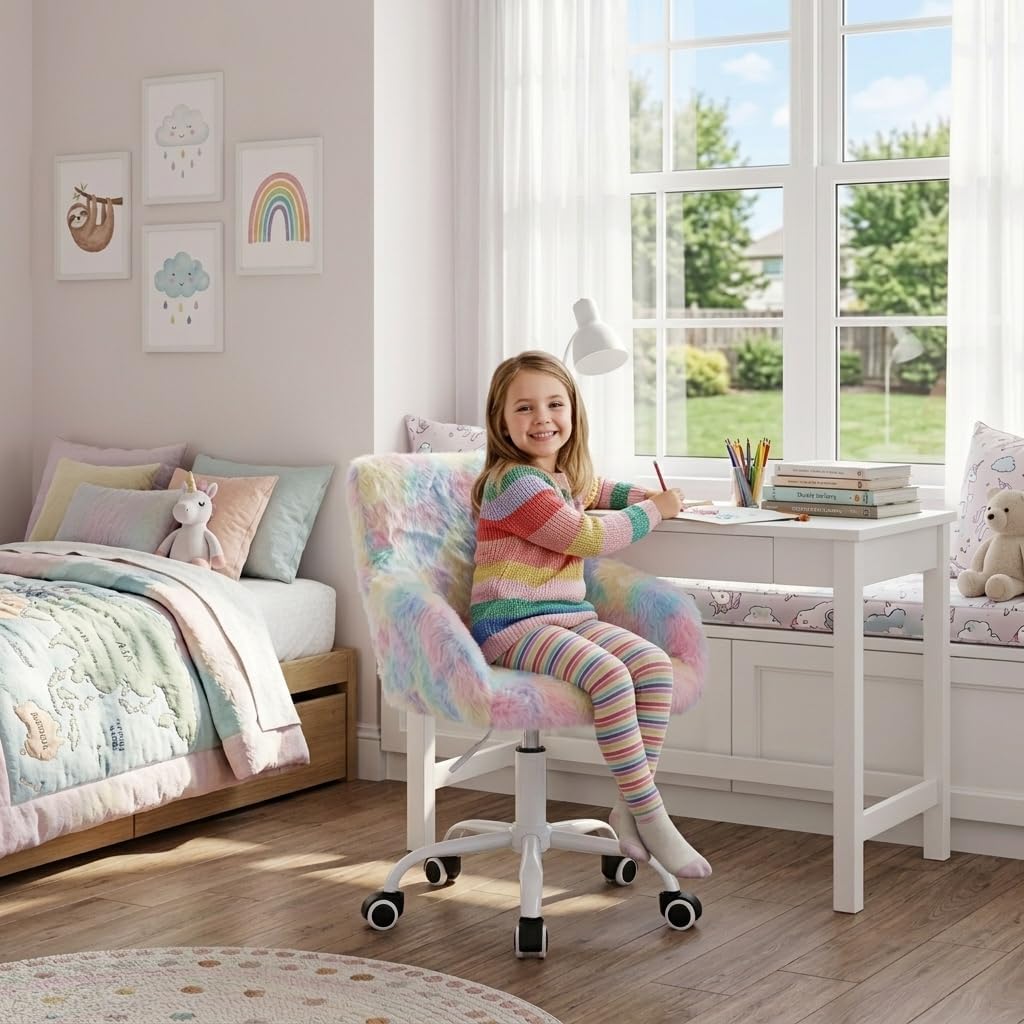 Ya-Home Kids Desk Chair Faux Fur Upholstered Swivel Reading Chair, Cute Adjustable Study Chair with White Wheels for Reading Room Bedroom, Rainbow Color