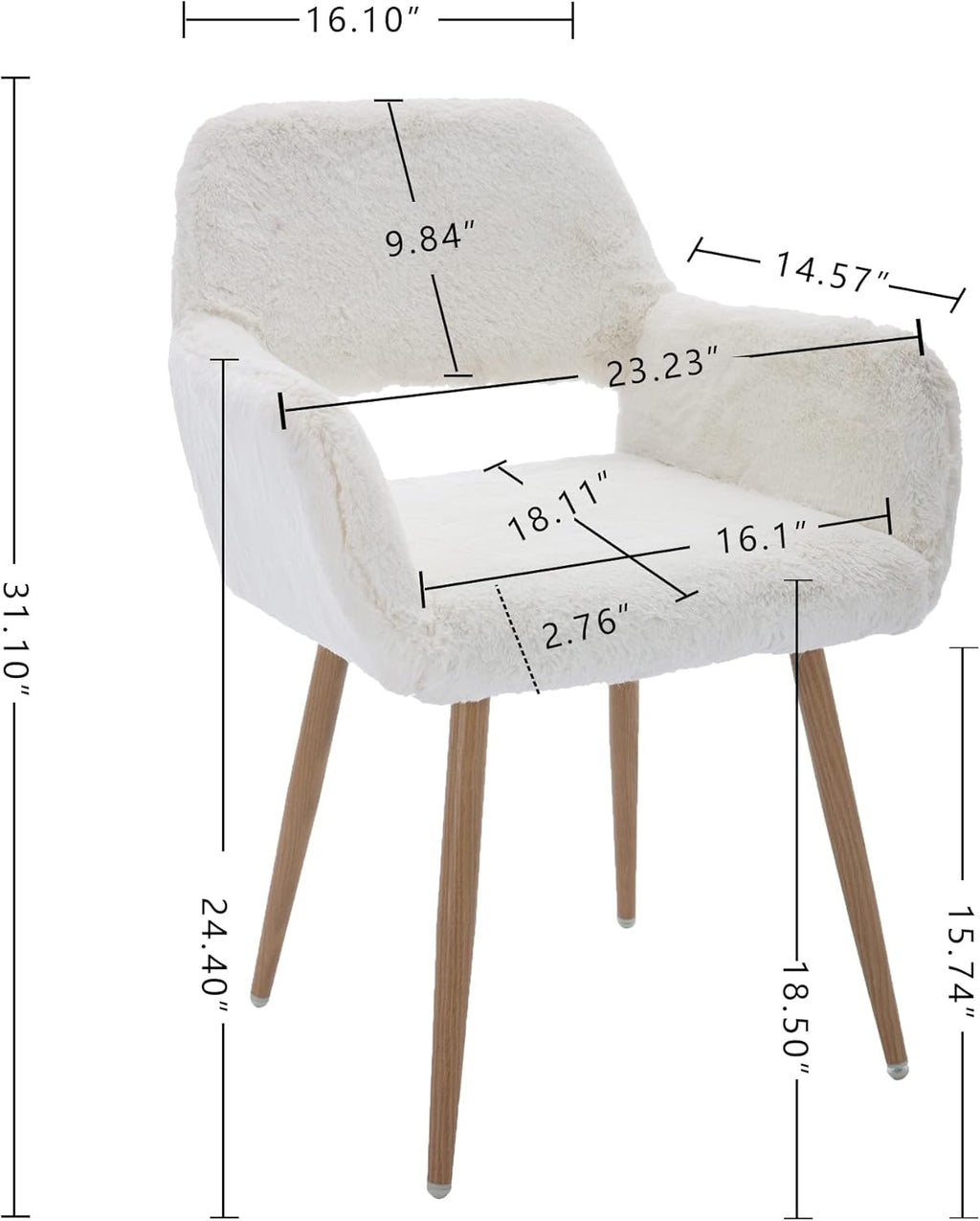 Furry Desk Chair Set of 2, Mid-Century Modern Accent Faux Fur Chair for Teen Girls, Comfy Armchair with Wood Look Metal Legs for Living Dining Room, Home Vanity Makeup Office Desk Chair No Wheel,White