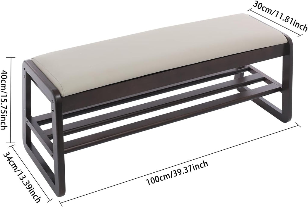 Shoe Rack Bench with Cushion, 2-Tier Storage Bench for Entryway, Wooden Shoe Organizer Bench with Hidden Storage & Comfortable Seat for Living Room, Bedroom, Hallway (Walnut Color+ Beige)