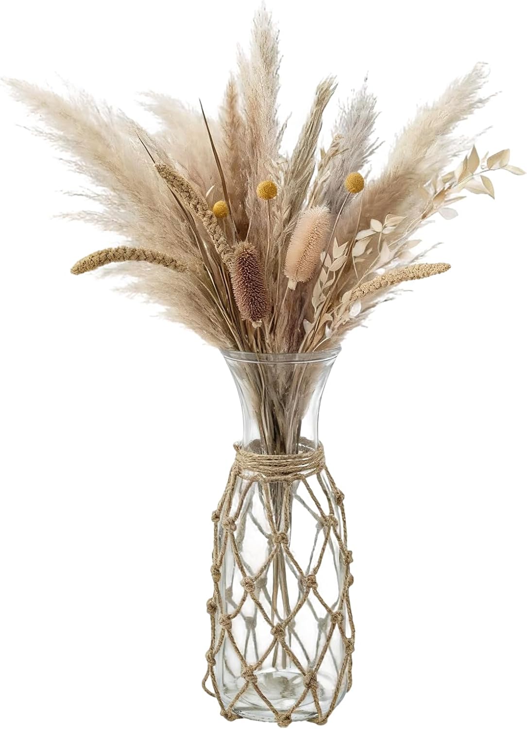 MyGift Rustic Glass Bottle Vase with Handwoven Hemp Rope Cover – Decorative Floral Arrangement Container for Home or Event Centerpieces