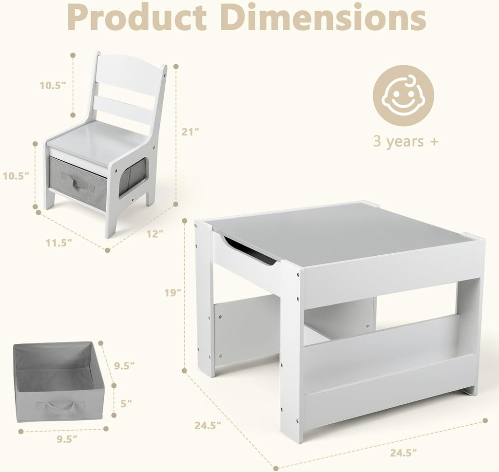 Kinder King Kids Wood Table & 2 Chairs Set, 4 in 1 Children Activity Table w/Double Bookcase, Blackboard, Toddler Furniture Set for Art, Crafts, Drawing, Reading, Playroom, Grey
