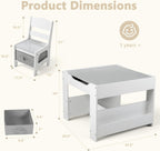 Kinder King Kids Wood Table & 2 Chairs Set, 4 in 1 Children Activity Table w/Double Bookcase, Blackboard, Toddler Furniture Set for Art, Crafts, Drawing, Reading, Playroom, Grey