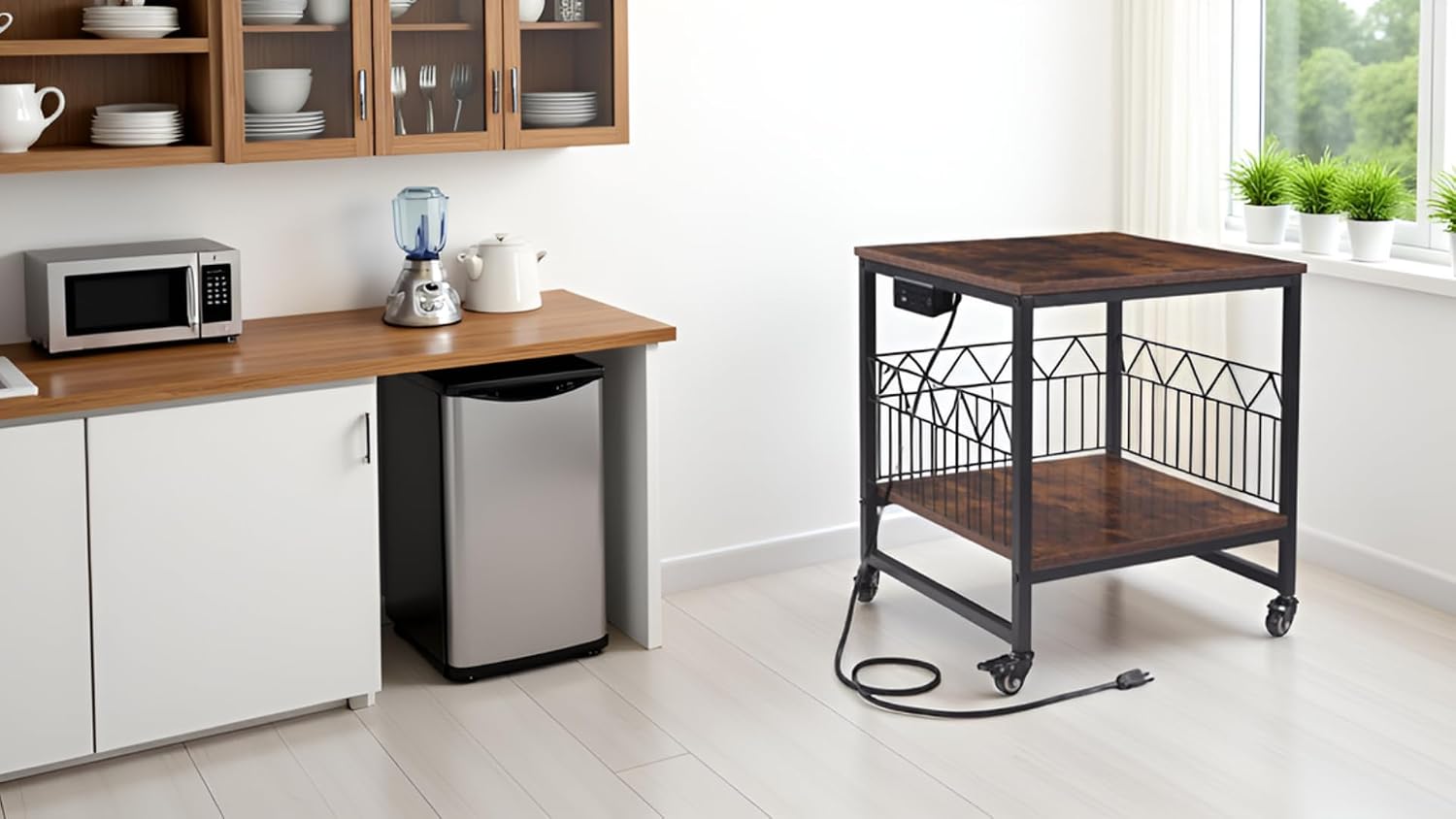 Mini Fridge Stand Heavy-Duty Metal Frame | Built-in 1 USB + 1 Type-C + 2 AC Outlets Rolling Fridge Cart for Dorm, Office, Bedroom | Adjustable Feet & Movable Drawer 19.7" W/D x 22.7" H