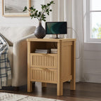 ONBRILL Fluted Night Stand with Charging Station, 23" Modern 2 Drawers End Table, Nightstand Set of 2 with Curved Profile Design, Bed Side Table for Bedroom, Living Room, Natural Oak （1-Pack）