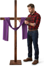 Blayvorn 6.5FT Extra Large Wood Cross with Red Draped Cloth, Handcrafted Burned Wooden Christian Cross for Christ Jesus He Is Risen Outdoor Decor, Church Easter Display, Communion Church Decor（Light