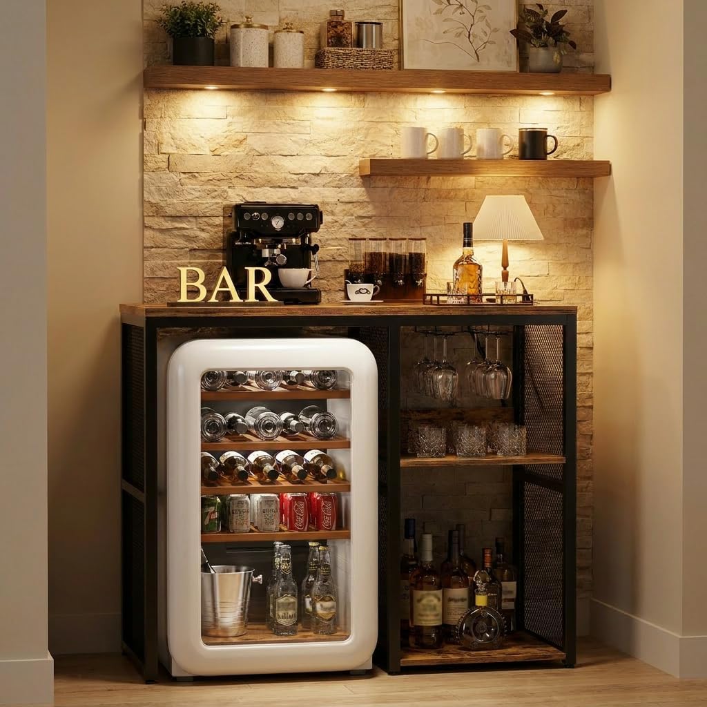 Homieasy Mini Fridge Cabinet with Power Outlet, Coffee Bar Cabinet with Mini Fridge Space, Industrial Liquor Cabinet with Wine Storage & Glass Holder for Dorm, Living Room, Home Kitchen, Rustic Brown