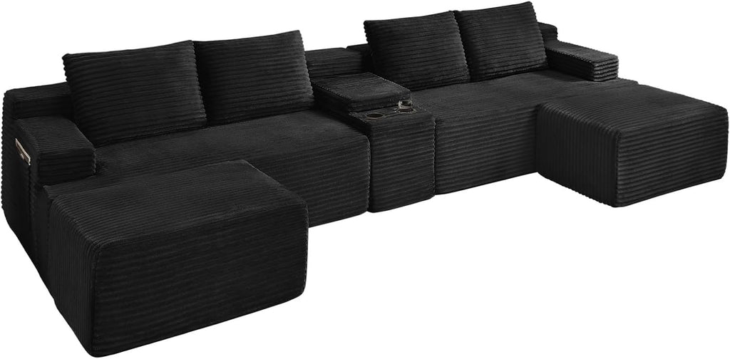 GNIXUU 140.6" Oversized U Shaped Black Boneless Sectional Couches for Living Room, Large Cloud Modular Sofa Set with Storage Console, Cup Holder, Side Pockets, Deep Seat No Assembly Corduroy Couch