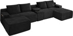 GNIXUU 140.6" Oversized U Shaped Black Boneless Sectional Couches for Living Room, Large Cloud Modular Sofa Set with Storage Console, Cup Holder, Side Pockets, Deep Seat No Assembly Corduroy Couch